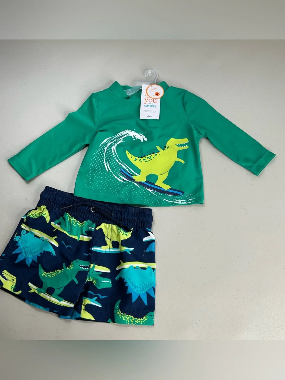 Carter's 6 Month 2pc Swimsuit and Long Sleeve Rash guard Green Blue Dinosaur New
